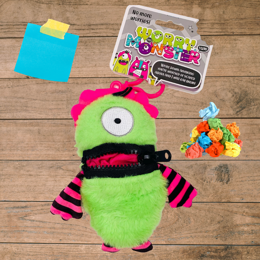 Worry Monster Plush Backpack Clippable: Pink and Green